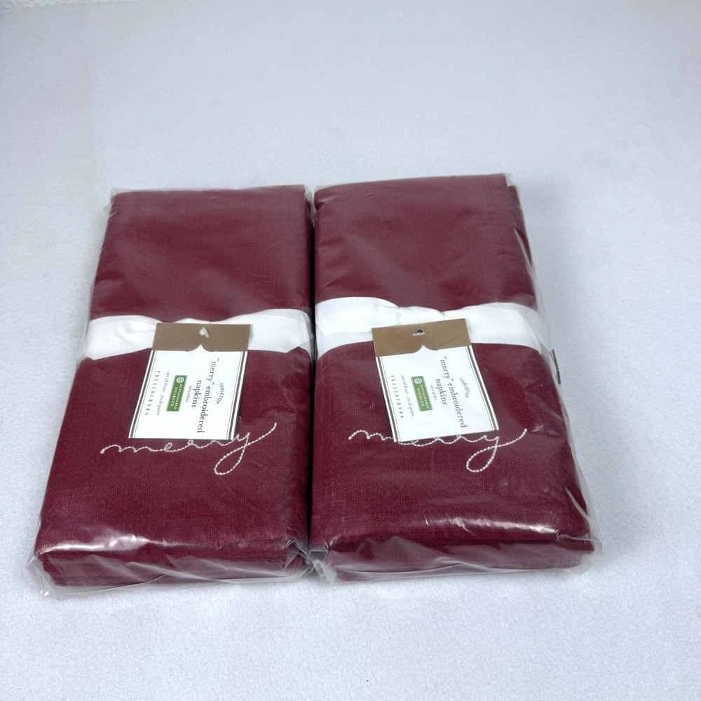 New Pottery Barn Merry Embroidered Red Christmas Cloth Napkins Set Of 8 Holiday